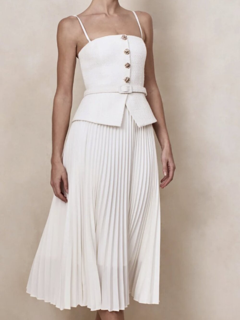 Lizzy Cream Square-Neck Midi Dress With Pleated-Skirt - Picture 1 of 2